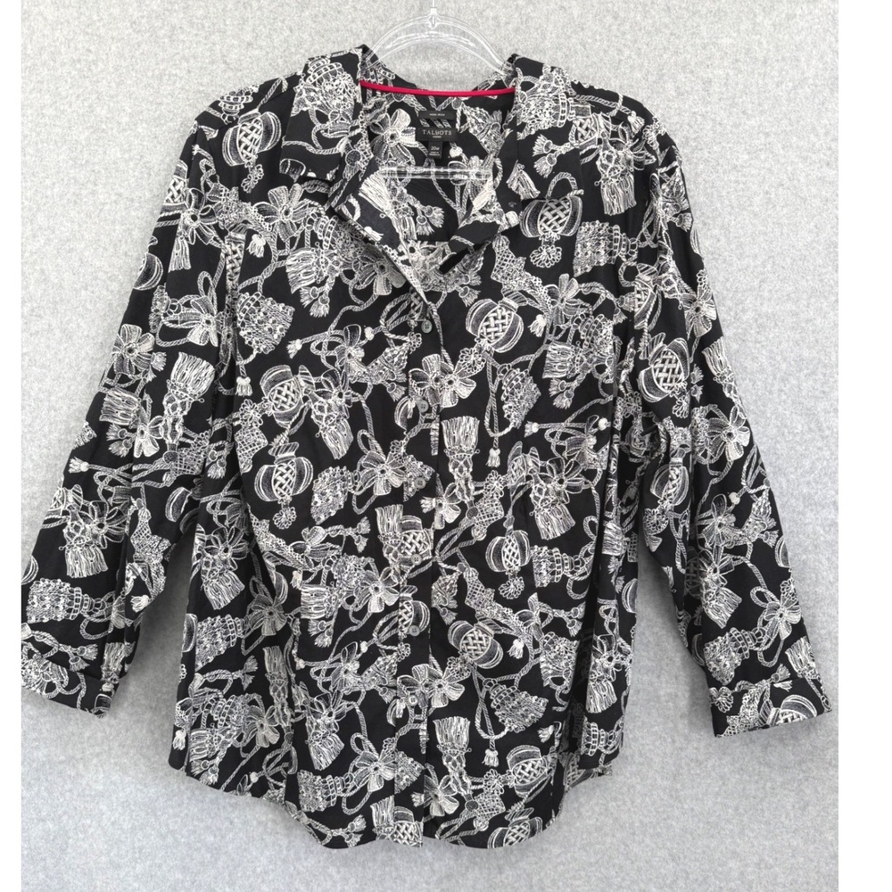 Talbots Button Down Shirt Women 20W Black White Tassel Rope Print No Iron Cotton
